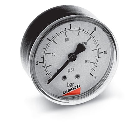 Camozzi #M053-P12, Pressure Gauge, 0-175 Psi Range, Rear Connection, 1/8" Thread, 2 1/16" Diameter M053-P12